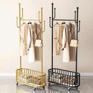 Adjustable Rolling Clothes Hanger Coat Rack Floor Hanger Storage Basket Clothing Drying Racks With Basket