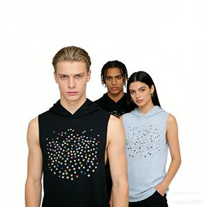 Camisetas sin mangas para hombre de algodón French Terry 100% con capucha, con pedrería termoadhesiva, ropa deportiva de alta calidad para hombre. - Product Image 6