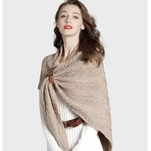 F-1863 fashion women hand knit shoulder cover leather buckle Chunky Knit Scarf wrap winter Triangular macrame shawl