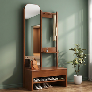 Modern Solid Wood <b>Coat</b> Rack <b>with</b> Mirror <b>Hooks</b> and <b>Shelves</b> Freestanding Entryway Storage Bench for Living Room Furniture - Product Image 2
