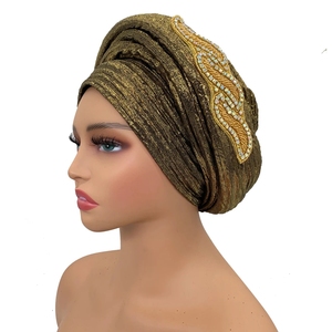 Ready to Ship 2025 Ladies African Turban Cap Luxury <strong>Gold</strong> Diamonds Braids <strong>Headtie</strong> Glitter Muslim Women Head Turban Hijab