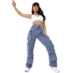 High Waisted Flap Pocket Cargo Jeans Custom Denim Jeans Übergroße Big Pockets Wide Leg Damen hose