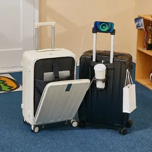 20-Inch cabin luggage PVC Multifunction Luggage with USB charging port Trolley Case for Unisex with Phone Holder