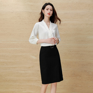 Maroon Chiffon Blouse Three Quarter Sleeve V Neck Korean Style Office Wear Women's Top Midi Skirt Set Simple Fashion - Product Image 3