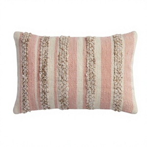 Textile Wool <b>Throw</b> Pillow Cover Square Bohemian Woven Non-Toxic 100% Polyester Filling Removable Washable Pink Cream Decorative - Product Image 1