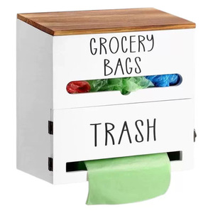 <b>Kitchen</b> Grocery Bag <b>Storage</b> <b>Box</b> With Trash Dispenser Wooden Top White Rectangle Standing Type Punch Free - Product Image 3
