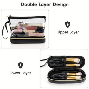 Sac cosmétique en PVC transparent à double couche, étanche, organiseur de toilette de voyage avec fermeture éclair - Product Image 2