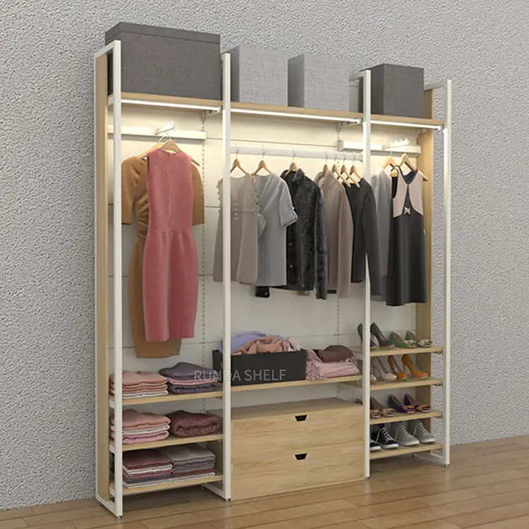 High-grade luxus holz kleidung und schuhe shop display rack mit freies design