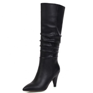 Women Spike Heels Knee High Boots <b>Pointed</b> <b>Toe</b> Solid Plicate Upper Boots Calf High Formal Working Long Boots for Lady - Product Image 6