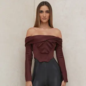 Atasan Wanita Penjual Top Amazon 2020 Blus Wanita Fishbone Ruched Satin Lengan Panjang Seksi