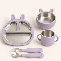 Ensemble de vaisselle pour bébé sur le thème du lapin, bol, assiette et tasse, intérieur en acier inoxydable, extérieur en silicone, ventouse, vaisselle pour tout-petits, ensemble de sevrage