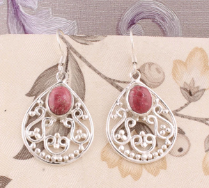 925 <b>Sterling</b> <b>Silver</b> High Quality Natural Thulite Gemstone Minimalist Wedding <b>Hoops</b> Engraved <b>Silver</b> Work Earrings Skin-Friendly - Product Image 1