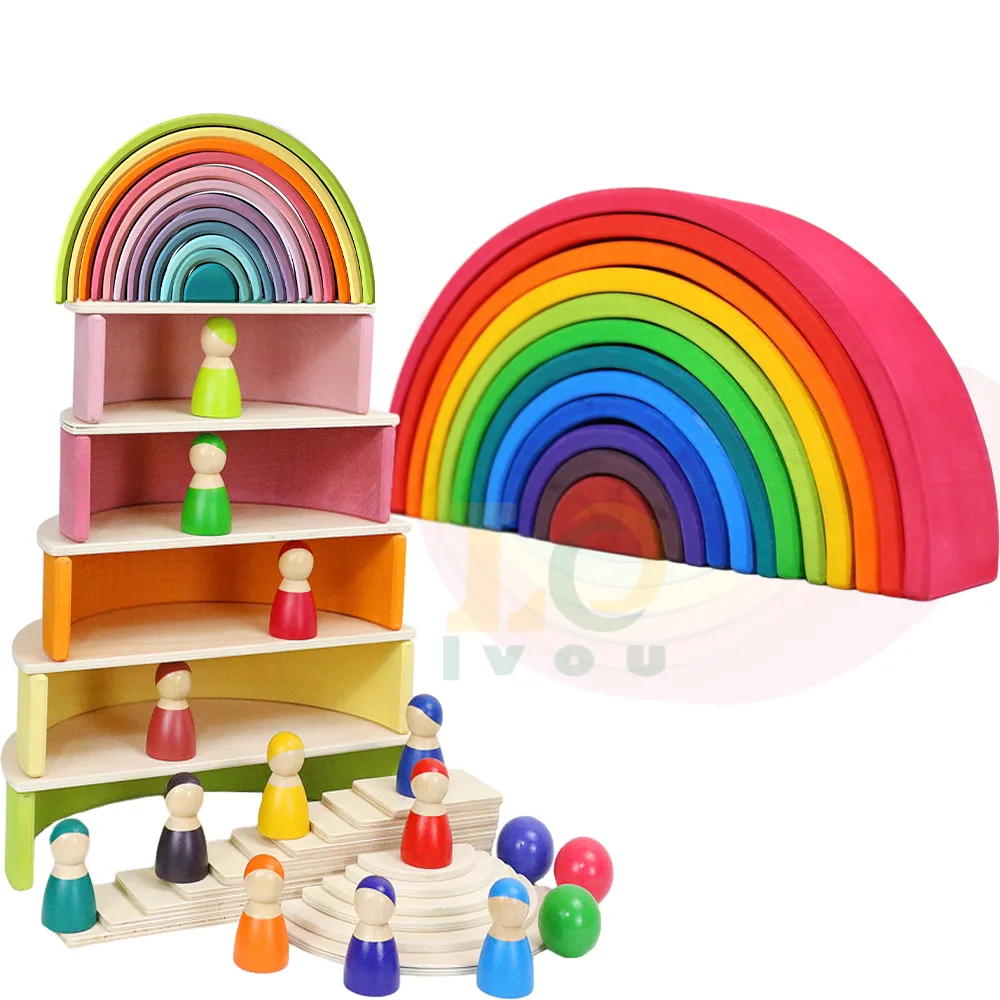 LVOU Wooden Rainbow Blocks Stacking Toy Large Rainbow Building Blocks Wooden Toys for kids Montessori Educational Toys