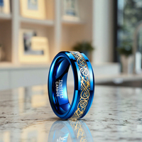 POYA Jewelry Bague en tungstène pour homme 8mm Bleu Plaqué Or Dragon Motif Incrustation Style tendance Bague de fiançailles Bague de mariage Cadeau pour homme