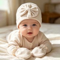 Gorro de Algodón Sólido para Bebé Recién Nacido + Juego de Manoplas Antiarañazos con Lazo Grande