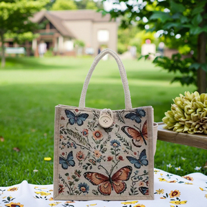 Vintage Style Casual Jute Tote Bag With Floral Pattern Large Capacity with Button Reusable Shopper Handbag Promotional Gift Bag