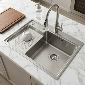 Fregadero de cocina de acero inoxidable 304 hecho a mano de fábrica Instalación de encimera Estiramiento integrado Tazón único personalizable - Product Image 1