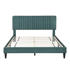 현대 가정 가구 간단한 스타일 진한 녹색 패브릭 덮개를 씌운 단단한 나무 더블 플랫폼 침대