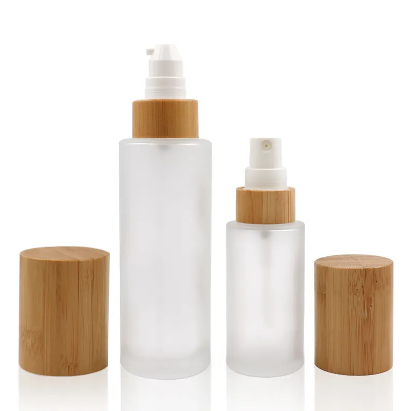 Prêt de stock luxe 30ml 50ml 60ml 100ml 120ml givré clair shampooing lotion verre pompe bouteilles pulvérisateur avec couvercle en bambou