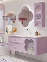 Ensemble de meuble-lavabo mural de 80 pouces, style Sweet, violet, avec vasque en céramique intégrée, plusieurs tiroirs et miroir, pour hôtel et hôpital