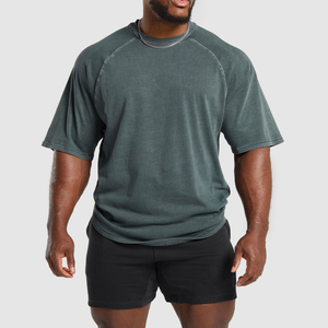 T-shirt de sport décontracté pour hommes, 100 % coton épais délavé à l'acide, manches courtes, style personnalisé pour les musclés - Ventes flash - Product Image 1