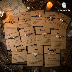 Armband van natuurlijke stenen kristallen kralen, verstelbaar, handgemaakt, gevlochten koord, twaalf dierenriem kralenarmbanden - Product Image 2