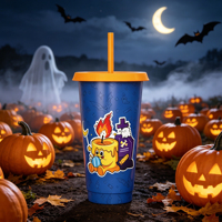 Gobelet réutilisable en plastique de 24 oz à changement de couleur pour café glacé, thème Halloween, vente en gros
