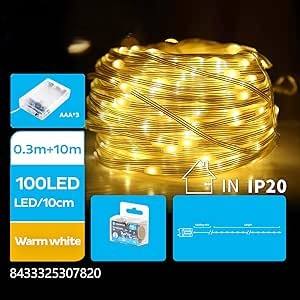 Guirnalda de luces LED con pilas 3AA, PVC y cobre, 10 m, luz blanca cálida, ideal para decoraciones en interiores y exteriores. - Product Image 1