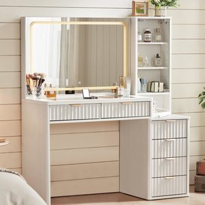 Factory Direct Natural Wood Fluted Makeup Vanity Desk with <b>6</b> <b>Drawers</b> and Glass Top Power Outlet - Product Image 3