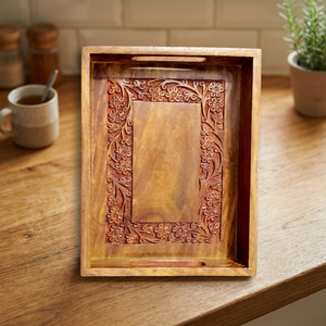 Bandeja Decorativa de Madera Sheesham Hecha a Mano, Moderna y de Lujo, con Diseño Floral Tallado y Asas Laterales para Servir en el Hogar o la Cena - Product Image 2