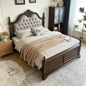 Traditional Queen Size Upholstered Wood Bed with Storage <b>Box</b> Spring Frame Mahogany Finish Soft Fabric Headboard - Product Image 3