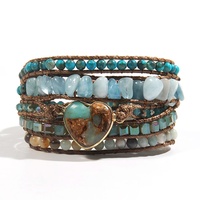 Vrouwen Op Maat Gemaakt Sieraden Boho Armband Natuurlijke Edelsteen Glas Amazoniet Valentijnshart Charm Geweven 5-Draads Omwikkel Armbanden