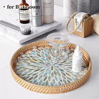 Plateau de service rond en rotin avec incrustation de nacre, finition laquée, décoration pour cuisine et salle de bain, service de café/pain/fruits