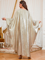 Kaftan Marocain Ample à Manches Chauve-Souris Brodé de Fleurs à Paillettes sur le Devant, Adapté aux 4 Saisons