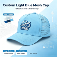 Casquette de baseball unisexe légère et respirante avec logo brodé 3D perforé au laser bleu clair personnalisé à séchage rapide