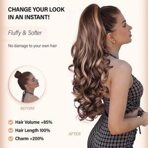 Extensiones de Cola de Caballo con Clip de 24 Pulgadas para Mujer, Fibra Sintética, Rizadas, Onduladas, en Capas, Color <span class=keywords><strong>Castaño</strong></span> <span class=keywords><strong>Dorado</strong></span> - Product Image 2