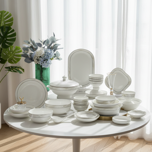 Premium 50-Piece Eco-Friendly Bone China Coupe <b>Dinnerware</b> Set Gold Trim Europe Style Utensils Kit Dishwasher Microwave Safe - Product Image 1
