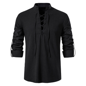 Chemise Renaissance pour <span class=keywords><strong>homme</strong></span>, chemise médiévale de pirate, haut en coton et lin, chemises pour <span class=keywords><strong>homme</strong></span> à manches longues, costume d'Halloween - Product Image 5