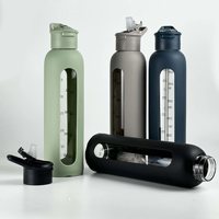 Bouteille d'eau de sport portable en silicone grande capacité avec tasse en verre monocouche et tube d'aspiration à clapet pour le camping (vente transfrontalière)