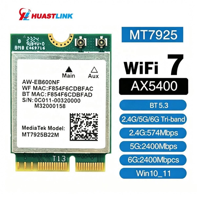 Huastlink MT7925 Internal NGFF M.2 Wireless WiFi 7 Card Tri-Band 5400Mbps Network Module BE5400 Adapter Windows 10/11 Stock