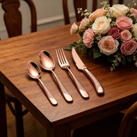 Ensemble de couverts modernes écologiques en or rose PVD, en acier inoxydable plaqué titane, avec manche en treillis diamanté, pour la vente en gros