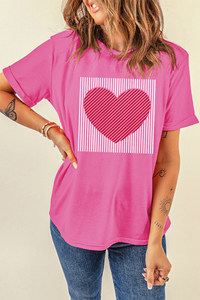 親愛なる恋人様卸売女性用サシェピンクコントラストストライプハートプリントバレンタインデーTシャツ - Product Image 3