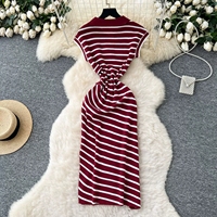 Robe maxi d'été de style coréen vintage pour femmes, taille empire, franges en dentelle, fente, tunique décontractée, motif rayé, taille unique