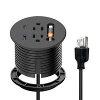 Stopkontak Meja Bundar Tersembunyi AS dengan Kabel Data Retractable 2m, Port USB A & C, Pengisian Cepat 20W, Stopkontak Meja Terintegrasi