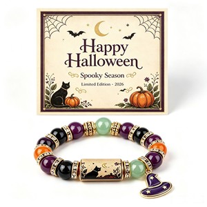 <span class=keywords><strong>Bracelet</strong></span> perlé à thème Halloween avec pendentifs Chat Noir, Citrouille et Chapeau de Sorcière, Bijou de poignet pour femme, Cadeau de fête - Product Image 1