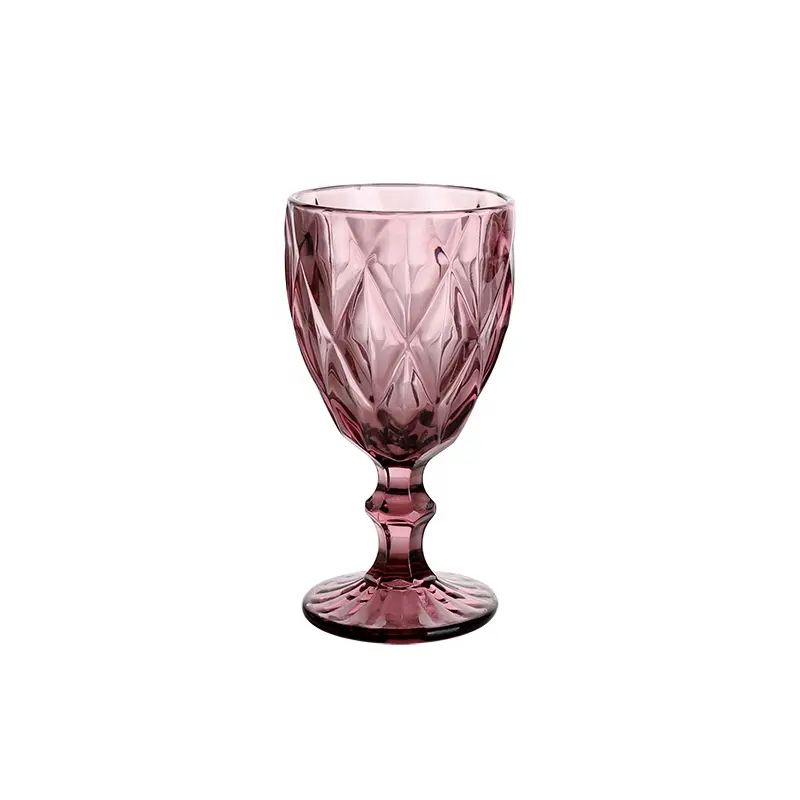 Wholesale all size bright colored glassware handmade pressed glass goblet diamond designs pink solid color glassware for hotel