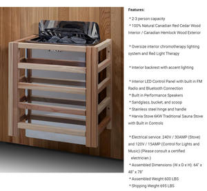 Luxury 2-3 Person Red Cedar Room With Chromotherapy <b>Lighting</b>, Audio, Indoor/Outdoor for Home Wellness - Product Image 3