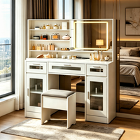 Ensemble de coiffeuse moderne avec miroir LED, tabouret, grand rangement, tiroirs et étagères ouvertes pour salle de bain et salon