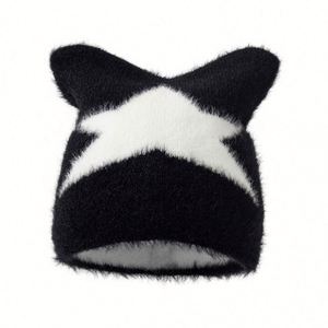 Gorros de Punto con Orejas de Gato, de Piel Sintética Suave, Estilo Jacquard, Cálidos, para Mujer, Otoño Invierno, Estilo Y2K, Playa, Venta al Por Mayor - Product Image 1
