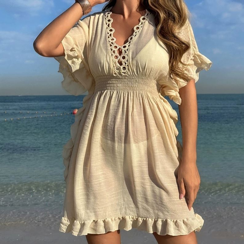Hot Sale New Ruffle Short Sleeve Mini Dress for Women Summer Solid  Beachwear Swimwear Lace up Beachwear Sarong Cover up| Alibaba.com
